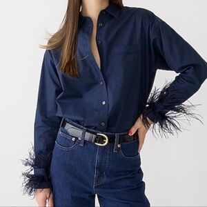 J Crew Collection Navy Poplin Button Blouse with Feathered Cuffs